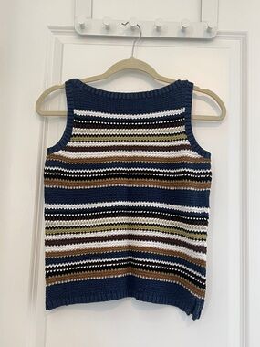 JEANNE PIERRE Striped Knit Tank Top - Navy, White & Brown